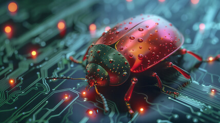Glowing cybersecurity bug in neon lights – futuristic concept for hacking, malware, and digital security visuals
