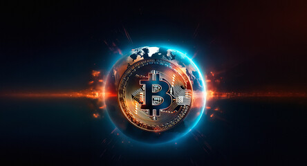 Aufkleber - A Bitcoin symbol is centered in a glowing globe, radiating orange and blue light on a dark background, representing digital currency.