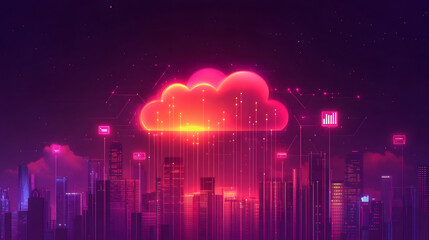 Poster - Futuristic cityscape at night with cloud computing connecting data through digital lines and icons