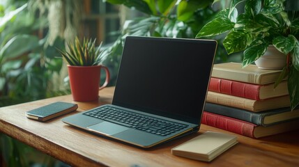 Wall Mural - Laptop and Books on Wooden Desk with Plants