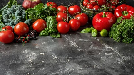 Wall Mural - Vibrant Collection of Fresh Tomatoes and Leafy Greens Adorning a Rustic Wooden Surface for a Wholesome, Organic and Nutritious Culinary Experience with Farm-Fresh Vegetables