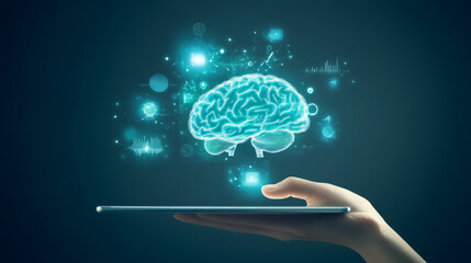 Leinwandbilder - Holographic digital brain projection hovering over tablet, representing neural network, AI technology, and advanced machine learning concepts