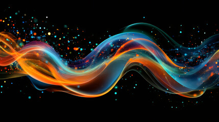Aufkleber - Luminous particles cascading through swirling colorful wave, generating dynamic motion against deep dark background