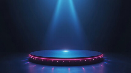 Leinwandbilder - Futuristic round stage illuminated by blue spotlights with pink neon lights, perfect for product showcase