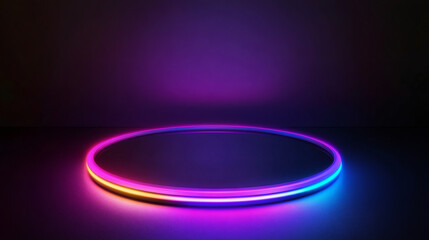 Fototapete - Vibrant neon lighting illuminating dark performance stage, casting colorful glow across dramatic industrial venue