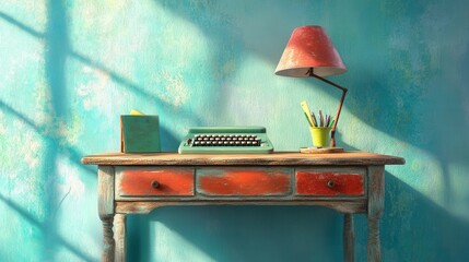 Wall Mural - Sunlit Rustic Desk with Vintage Typewriter and Lamp