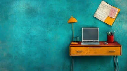 Wall Mural - Vintage Yellow Desk with Teal Wall and Laptop