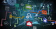 © vectorfusionart - Image of cloud, cogs and icons over network of connections on dark background