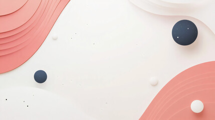 Poster - Coral paper cutouts and contrasting spheres floating against minimalist white backdrop, creating geometric abstract composition