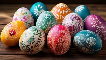 Wall Mural - Colorful Easter eggs with intricate hand-painted patterns on a rustic wooden background, capturing the essence of traditional Easter celebrations.