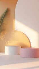 Poster - two minimalist podiums are featured in a soft light setting