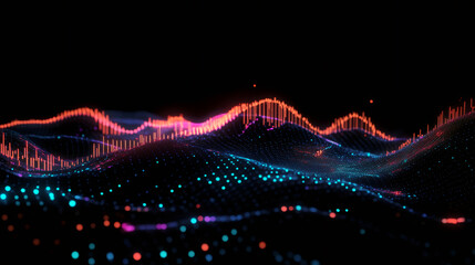Poster - Glowing particle wave undulating across dark backdrop, symbolizing digital flow, data visualization, technological innovation