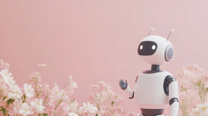 Aufkleber - Friendly white robotic figure greeting among blooming pink wildflowers, blending technological design with natural landscape elements