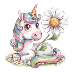 Canvas Print - Cute Unicorn with Colorful Mane and Flower Illustration for Kids