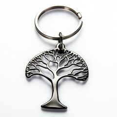 Wall Mural - Stylish metal keychain with a tree design, minimalistic on white background.