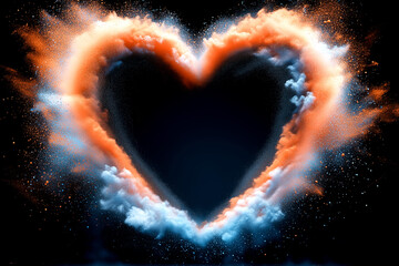 Wall Mural - Heart made of smoke and dust. The heart is orange and blue. The heart is surrounded by a cloud of smoke