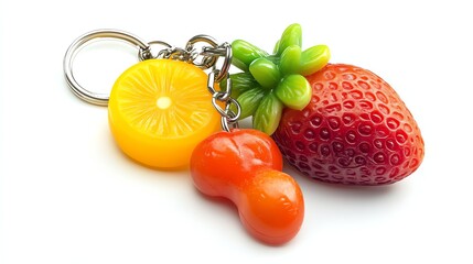 Wall Mural - Colorful fruit keychain with strawberry, lemon, and orange on white isolated background.