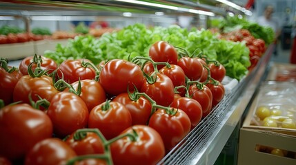 Wall Mural - sustainable gardening organic methods. Fresh tomatoes and lettuce displayed in a grocery store aisle.