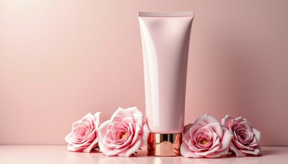 Aufkleber - Conditioner tube mockup with soft pastel pink color and elegant rose gold details, placed among delicate flowers, feminine and gentle aesthetic with copy space