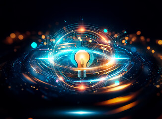 Poster - Glowing light bulb surrounded by vibrant rings and lines, suggesting innovation, technology and bright ideas on a dark backdrop.
