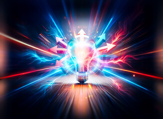 Poster - A vibrant light bulb radiates colorful arrows, symbolizing bright ideas and innovative directions against a shadowy backdrop.