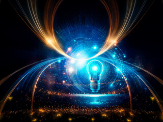 Fototapete - A glowing light bulb radiates bright blue light, encircled by abstract rings with orange and blue light streaks, set against a dark backdrop, symbolizing innovation and modern tech.