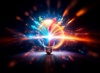 Poster - Illuminated bulb with rainbow arrows radiate outward. Dark background. Spreading ideas and creative solutions from central inspiration.