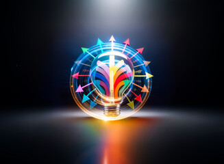 Poster - A bright lightbulb radiates colorful arrows in all directions against a dark backdrop, symbolizing ideas spreading and inspiration flowing outward.