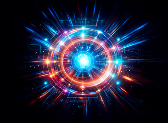 Aufkleber - A vibrant abstract design featuring a glowing circular shape with a central light bulb motif against a dark backdrop. The image evokes a futuristic and digital aesthetic with bright, radiating colors.