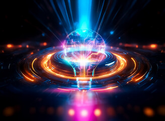 Leinwandbilder - A glowing lightbulb filled with intricate neon circuits illuminates the dark. The vibrant pink, blue, and orange lines suggest a futuristic technology concept, representing ideas and innovation.