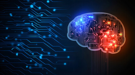Leinwandbilder - Digital brain network illustrating AI technology, neural connections glowing through interconnected electronic circuit pathways