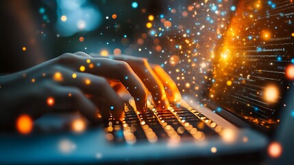 Coding, hands typing, laptop, sparks, background