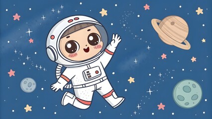 Wall Mural - Astronaut floating with a waving hand chibi style