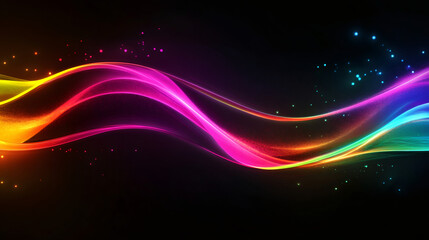 Poster - Colorful abstract wave with glowing particles flowing on a black background, creating a vibrant and dynamic design