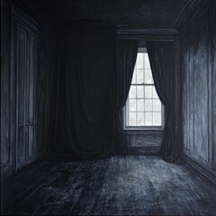 Aufkleber - Dark Elegance: A Monochrome Interior with Draped Curtains and Glimpses of Light Through the Window