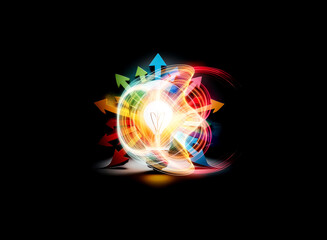 Aufkleber - Bright light bulb radiates with colorful arrows, symbolizing ideas, choices, and directions against a dark backdrop. Conceptual and visually striking image.
