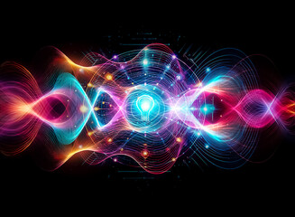 Poster - A vibrant abstract design featuring a glowing circular shape with a central light bulb motif against a dark backdrop. The image evokes a futuristic and digital aesthetic with bright, radiating colors.