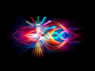 Poster - Illuminated light bulb symbolizes a bright idea, with colorful arrows representing various directions and paths forward, radiating on a dark surface.