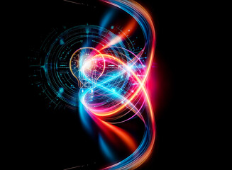 Poster - A glowing light bulb emits warm light, surrounded by bright blue futuristic circular elements on a dark backdrop, resembling digital technology.