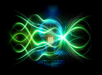 Poster - A glowing lightbulb, its interior a complex circuit board, sits on a futuristic, circuit-etched floor bathed in blue light.  This symbolizes innovation and technological advancement.