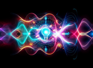 Poster - Futuristic glowing light bulb surrounded by vibrant circles and lines against a dark backdrop.  It evokes themes of innovation, technology, and bright ideas in a digital age.