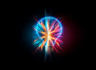 Poster - A glowing lightbulb, its interior a vibrant circuit board, sits against a dark background of intricate electronic pathways, symbolizing innovation and technological advancement.