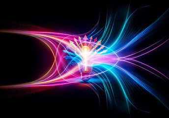 Poster - Colorful lightbulb with arrows spreading outwards against a dark background.  Symbolic of ideas, creativity, and diverse directions emanating from a central source.