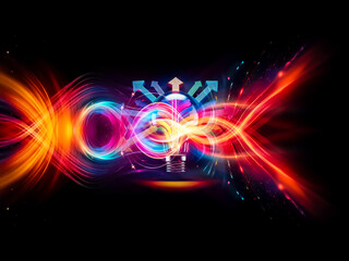 Poster - A vibrant light bulb emits colorful rays as arrows converge towards it on a dark backdrop, symbolizing ideas, creativity, and solutions.
