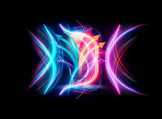 Poster - Illuminated bulb with rainbow arrows radiate outward. Dark background. Spreading ideas and creative solutions from central inspiration.