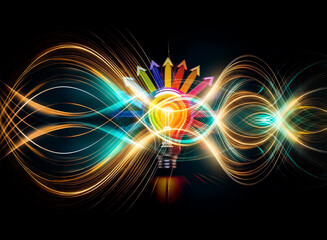 Poster - A radiant light bulb emits colorful arrows in every direction, representing bright ideas and innovative solutions in a dark setting.