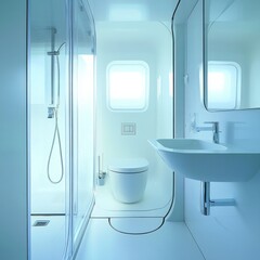 Aufkleber - Minimalist All-White Bathroom Interior with Shower, Toilet, Sink, and a Modern Aesthetic, Bathed in a Cool Blue Light
