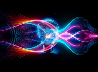 Poster - A glowing lightbulb, its filament replaced by intricate circuitry, sits on a reflective surface against a backdrop of digital patterns.  It symbolizes innovation and technological advancement.