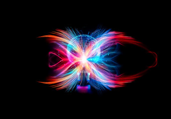 Aufkleber - Glowing light bulb with digital brain inside emits blue and purple light. Symbolizes innovation, technology, artificial intelligence and bright ideas in a dark space.