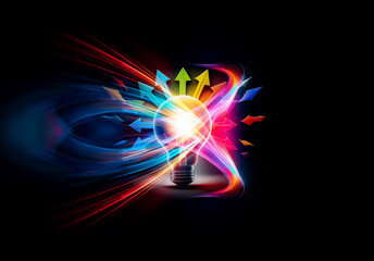 Poster - A vibrant lightbulb radiates colorful arrows outward against a dark backdrop, symbolizing innovation and the spreading of bright ideas and creative solutions.